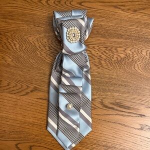 Handmade Light Blue Striped Women's Tie Necklace with Decorative Brooch